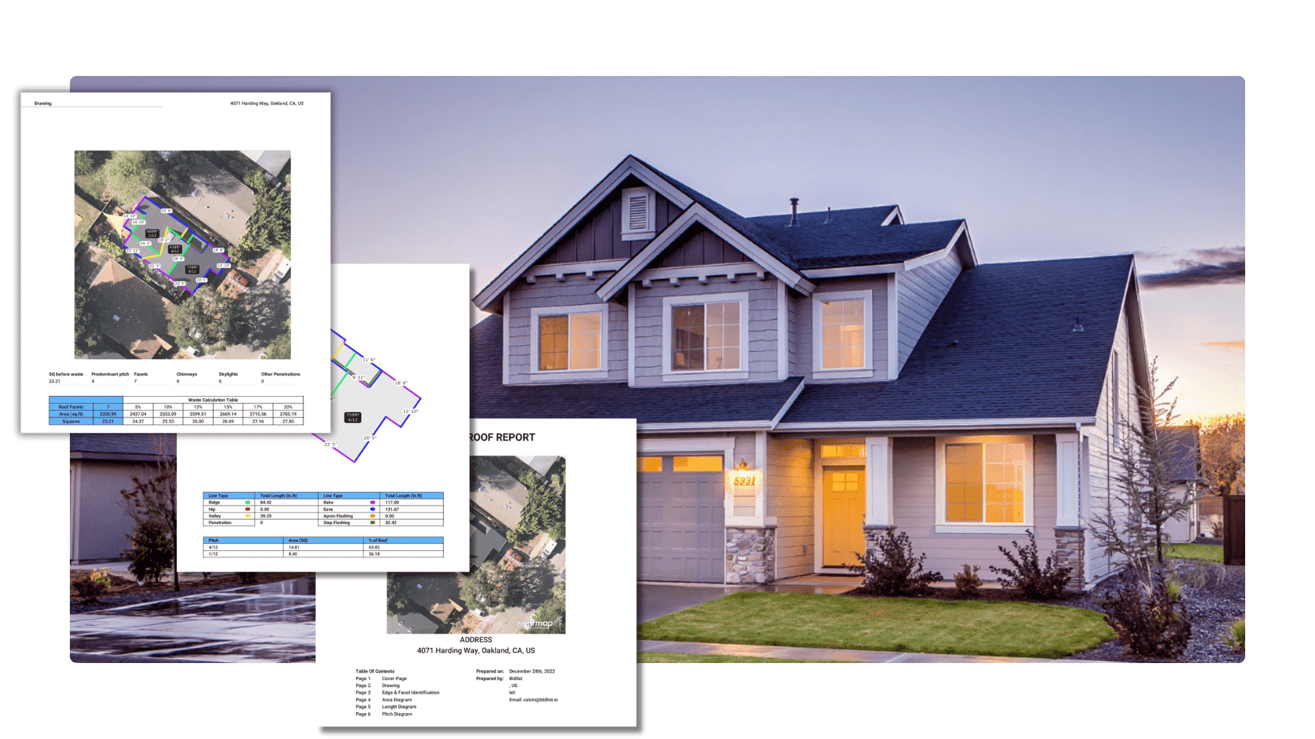 Professional roof report and beautiful home showcasing BidEngine's roofing services